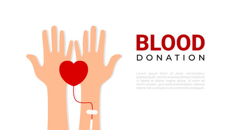 Blood donation banner with hands and red heart on white background. Vector illustration.のイラスト素材