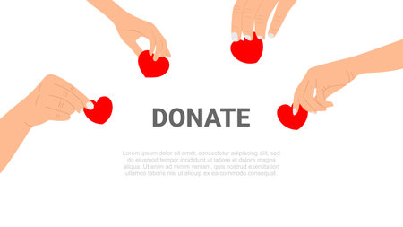 Donate concept vector illustration. Hands with red hearts. Flat design.のイラスト素材
