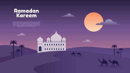 Ramadan kareem background with mosque, moon, desert and people on camel at night,のイラスト素材