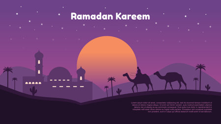 Ramadan kareem background with mosque, moon and people on camel at night,のイラスト素材