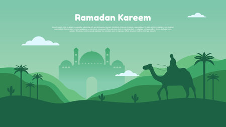 Ramadan kareem background with mosque, moon, forest and people on camel.のイラスト素材
