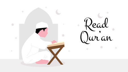 Vector illustration of Ramadan Kareem greeting card with muslim man reading holy quran.のイラスト素材