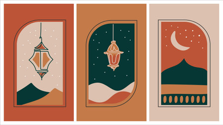 Ramadan Kareem greeting card with lanterns. Vector illustration.のイラスト素材