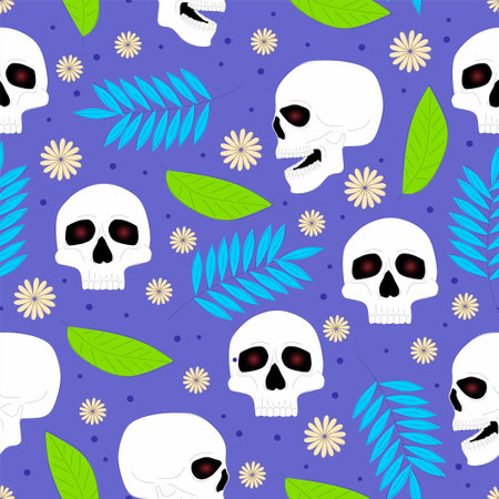 Skull seamless pattern isolated on blue background.のイラスト素材