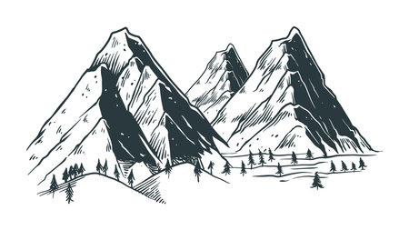 Mountain landscape Hand drawn vector illustration, sketch natural drawing vintage style Handdrawn rocky peaks black and white.のイラスト素材