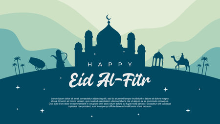 Happy eid al fitr background with big mosque and islamic ornaments.のイラスト素材