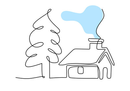 Hand drawing one single continuous line of spruce and house isolated on white background.のイラスト素材