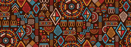 African tribal seamless pattern drawing, Doodle elements symbol, ethnic aztec geometric design. Maya border handycraft with colorful decoration. Vector illustration for ancient print and textile.のイラスト素材