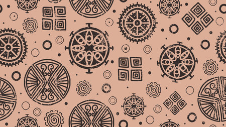 Ethnic drawing seamless pattern, vector illustration tribal african maya symbol. Circle pictogram decoration. Black on brown background, good for fashion textile print.のイラスト素材