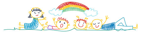 Happy children with rainbow on white background. Vector illustration for children.のイラスト素材
