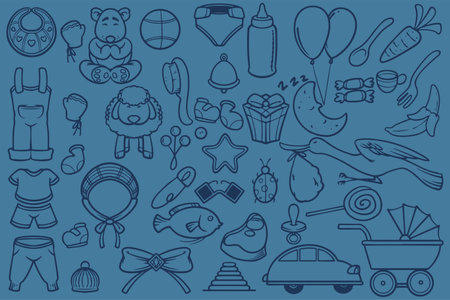 Vector set of baby icons in doodle style on blue backgroundのイラスト素材
