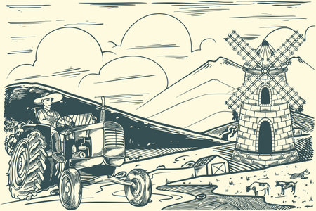 Hand drawing rural agriculture landscape with windmill and tractors in vintage scandinavian style.のイラスト素材