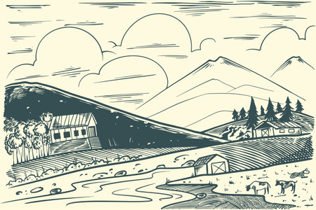 Vector hand drawn illustration of a rural landscape with a barn and mountains.のイラスト素材