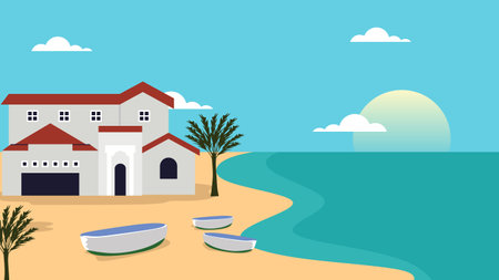 Beach with house and boat. Vector illustration in flat style.のイラスト素材
