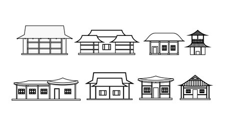 Japanese house icons set. Outline set of Japanese house vector icons for web design isolated on white backgroundのイラスト素材