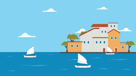 House and sailboats on the sea. Vector illustration in flat styleのイラスト素材
