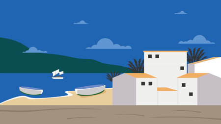 Illustration of a house on the beach. Vector illustration in flat style.のイラスト素材