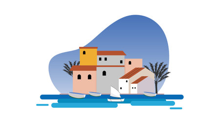 island in the sea with houses and palm trees vector illustration designのイラスト素材