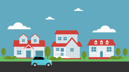 Suburban neighborhood houses landscape, vector illustration small town decoration.のイラスト素材