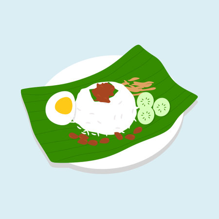 Malaysian Nasi Lemak with Sambal Sauce - Fragrant Malaysian Nasi Lemak with Spicy Sambal Sauce Vector Illustrationのイラスト素材