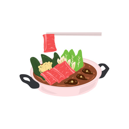 Japanese Shabu-Shabu Hot Pot - Traditional Japanese Shabu-Shabu Hot Pot Vector Illustrationのイラスト素材