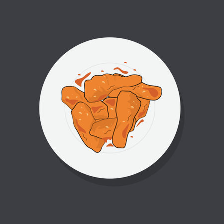 Fried chicken wings on a plate. Vector illustration in flat style