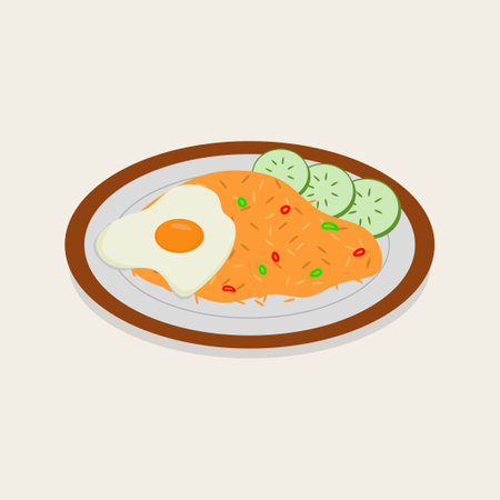 Indonesian Nasi Goreng Fried Rice - Savory Indonesian Nasi Goreng Fried Rice with Shrimp and Vegetables Vector Illustrationのイラスト素材
