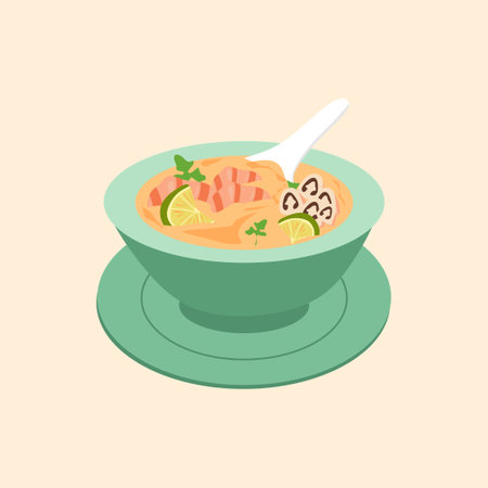 Thai soup with shrimps in bowl. Vector illustration.のイラスト素材