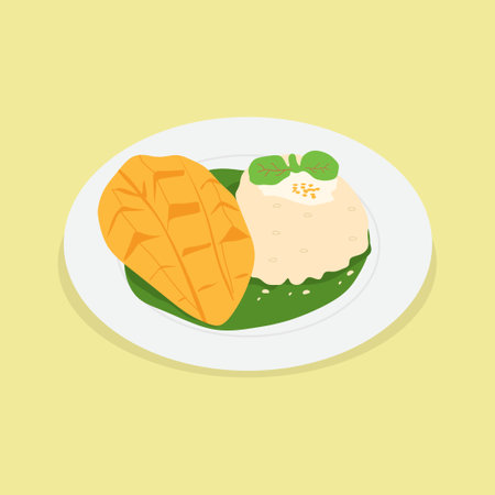 Rice with mango on a plate. Vector illustration in flat styleのイラスト素材