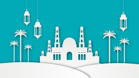 Islamic decoration paper cut. Mosque with hanging lantern. Ramadan kareem Elements decor. Vector illustration blue and white colors.のイラスト素材