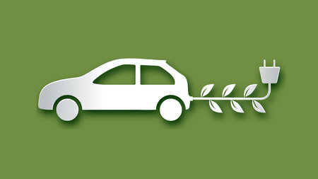 Eco car vector paper cut style. Vehicle with electric leaves battery. Art craft Technology modern origami design. Background concept for greeting card, banner, poster, sticker. Vector illustration.のイラスト素材