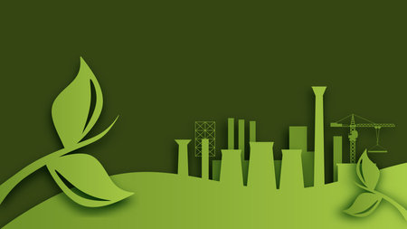 Eco industrial landscape paper cut style. Green industry with zero pollution concept background, vector illustration trendy.のイラスト素材