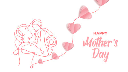 Mothers day banner vector card. Continuous one line art drawing. Mother holding baby with love and heart paper cut. Mothers day text celebration vector illustration.のイラスト素材