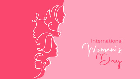International womens day card. Vector illustration continuous one line drawing with pink colors background.のイラスト素材