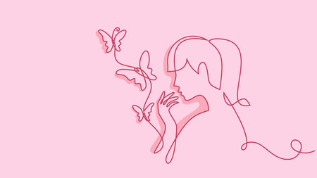 Womens day card vector. Woman with butterfly. Continuous one line drawing. Art design pink colors illustration. Minimalist elegant concept.のイラスト素材