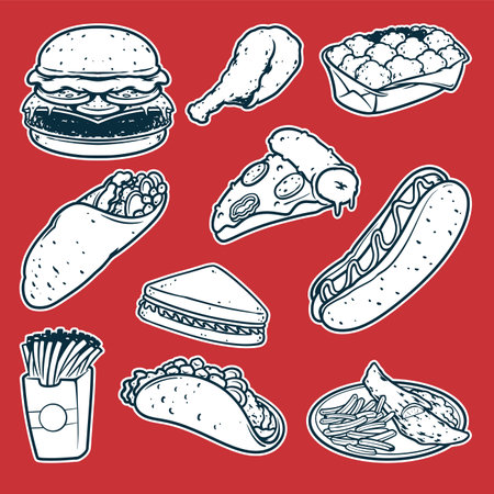fast food black and white doodle hand drawn, drawing burger, frech fries, taco, burrito, hot dog, and pizza sanwich vector illustration.のイラスト素材