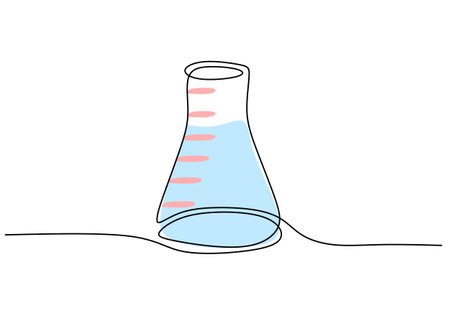 Erlenmeyer flask - Laboratory equipment and tools object, one line drawing continuous design, vector illustration for science and education.のイラスト素材