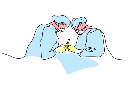 One continuous single line drawing of doctor and nurse do surgery isolated on white background.のイラスト素材