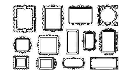 Hand drawn frames vector. Vintage doodle sketch picture frame, illustration Blank black square, cadre rectangle label elegant sketches line, isolated on white background.のイラスト素材