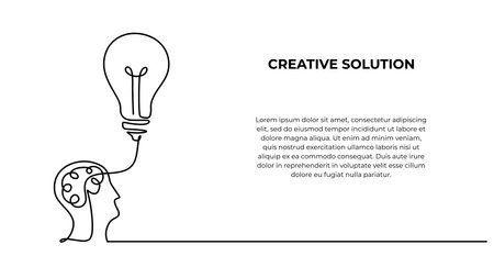 Creative one line drawing, continuous hand drawn people mind with light bulb. Symbol of idea and solution. Business strategy metaphor.のイラスト素材
