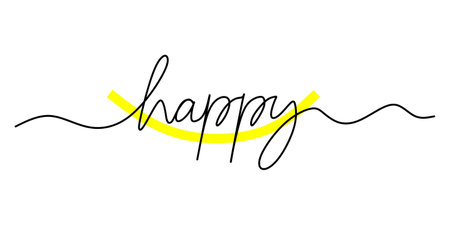 One continuous line drawing typography line art of happy word writing isolated on white background.のイラスト素材