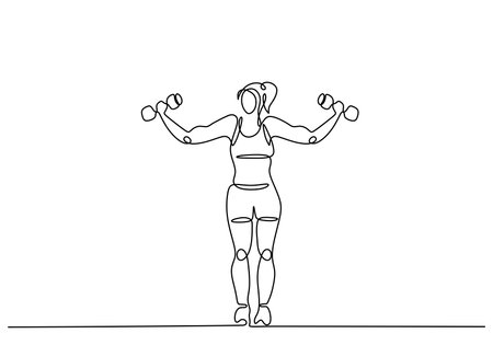 Woman exercise with dumbbell. one line drawing. Two hands training for muscular strength.のイラスト素材