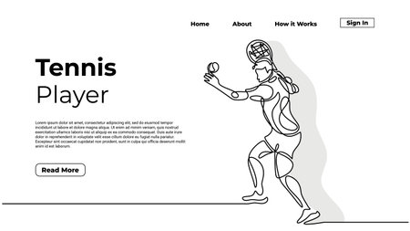 continuous one line drawing of a man playing tennis, single hand drawn athlete player sport game. Vector illustration of people holding racket, web landing page concept.のイラスト素材
