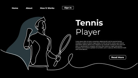 Continuous line drawing tennis player, winner concept sport game. Athlete celebration one single hand drawn art. Web landing page template.のイラスト素材