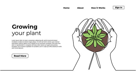 Growing plant continuous one line drawing. Landing page template of hand holding plants. Sprout grow symbol of environment protection.のイラスト素材