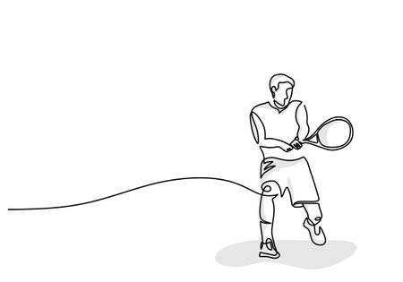 Tennis Player Continuous Line Drawing, Sport Game Hand Drawn Illustrationのイラスト素材
