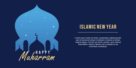 Happy muharram islamic new year banner with mosque, star at night isolated on navy color for islamic background poster.のイラスト素材