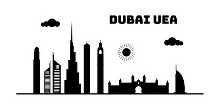 Dubai Uni Emirate Arab cityscape skyline sketch illustration vector. Famous popular city in the world in black white style.のイラスト素材
