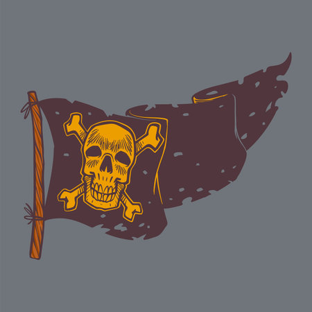 Pirates flag hand drawn doodle vintage drawing in colorful style. Pirates equipment concept vector illustration.のイラスト素材