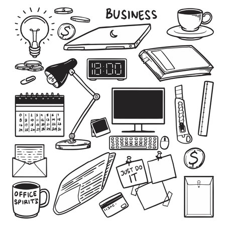 Office Essentials Sketch Collection. Hand drawn illustration set. Vector illustration business concept.のイラスト素材
